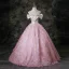 Charming Candy Pink Tassel Prom Dresses 2025 Ball Gown Off-The-Shoulder Short Sleeve Backless Floor-Length / Long Formal Dresses