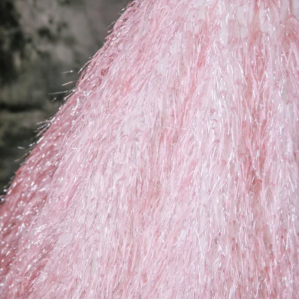 Charming Candy Pink Tassel Prom Dresses 2025 Ball Gown Off-The-Shoulder Short Sleeve Backless Floor-Length / Long Formal Dresses