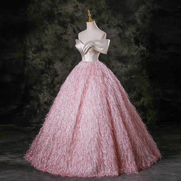 Charming Candy Pink Tassel Prom Dresses 2025 Ball Gown Off-The-Shoulder Short Sleeve Backless Floor-Length / Long Formal Dresses