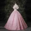 Charming Candy Pink Tassel Prom Dresses 2025 Ball Gown Off-The-Shoulder Short Sleeve Backless Floor-Length / Long Formal Dresses