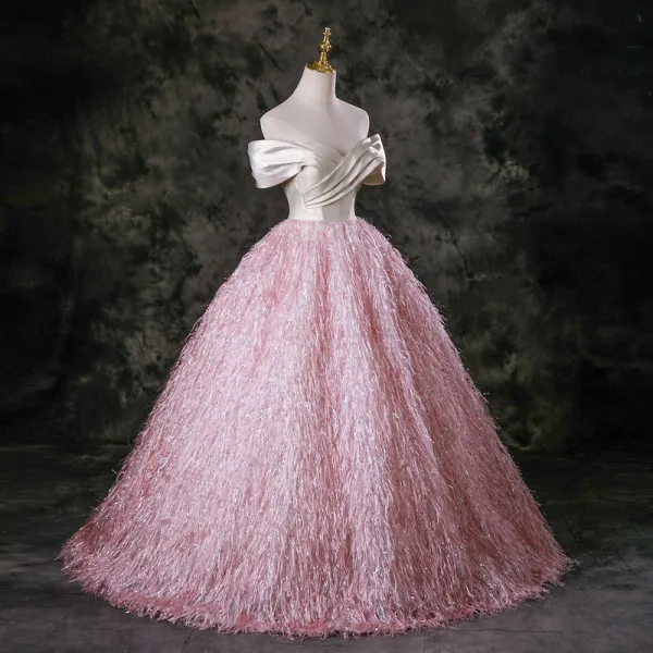Charming Candy Pink Tassel Prom Dresses 2025 Ball Gown Off-The-Shoulder Short Sleeve Backless Floor-Length / Long Formal Dresses