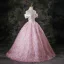 Charming Candy Pink Tassel Prom Dresses 2025 Ball Gown Off-The-Shoulder Short Sleeve Backless Floor-Length / Long Formal Dresses