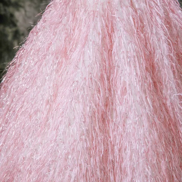 Charming Candy Pink Tassel Prom Dresses 2025 Ball Gown Off-The-Shoulder Short Sleeve Backless Floor-Length / Long Formal Dresses