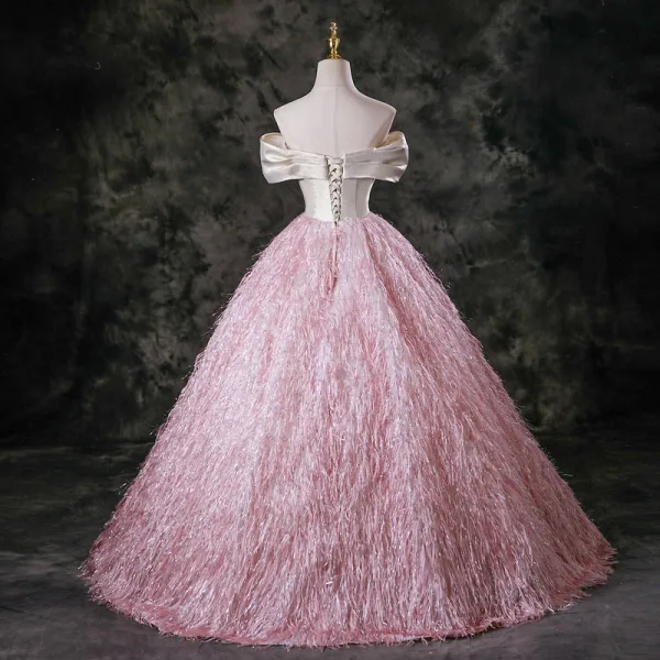 Charming Candy Pink Tassel Prom Dresses 2025 Ball Gown Off-The-Shoulder Short Sleeve Backless Floor-Length / Long Formal Dresses
