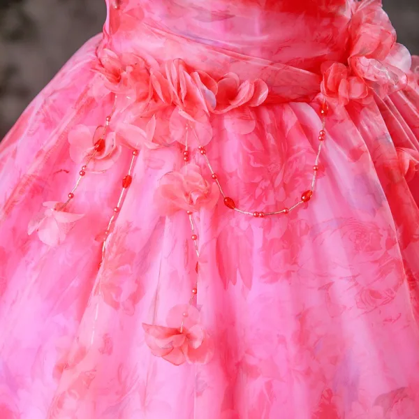 Fancy Fuchsia Beading Appliques Prom Dresses 2025 Ball Gown Off-The-Shoulder Short Sleeve Backless Floor-Length / Long Formal Dresses