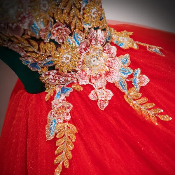 Vintage / Retro Red Beading Sequins Lace Flower Prom Dresses 2025 Ball Gown High Neck Short Sleeve Backless Floor-Length / Long Formal Dresses