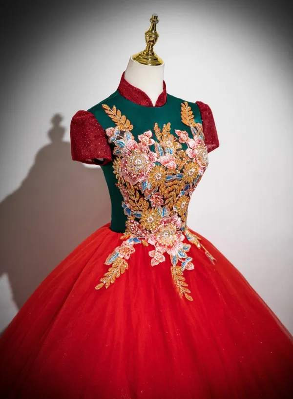 Vintage / Retro Red Beading Sequins Lace Flower Prom Dresses 2025 Ball Gown High Neck Short Sleeve Backless Floor-Length / Long Formal Dresses