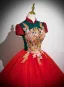 Vintage / Retro Red Beading Sequins Lace Flower Prom Dresses 2025 Ball Gown High Neck Short Sleeve Backless Floor-Length / Long Formal Dresses