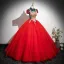 Vintage / Retro Red Beading Sequins Lace Flower Prom Dresses 2025 Ball Gown High Neck Short Sleeve Backless Floor-Length / Long Formal Dresses