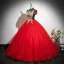Vintage / Retro Red Beading Sequins Lace Flower Prom Dresses 2025 Ball Gown High Neck Short Sleeve Backless Floor-Length / Long Formal Dresses