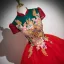 Vintage / Retro Red Beading Sequins Lace Flower Prom Dresses 2025 Ball Gown High Neck Short Sleeve Backless Floor-Length / Long Formal Dresses