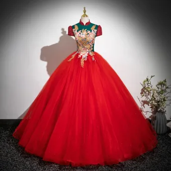 Vintage Originale Rouge Perlage Paillettes En Dentelle Fleur Robe De Bal 2025 Robe Boule Col Haut Manches Courtes Dos Nu Longue Robe De Ceremonie