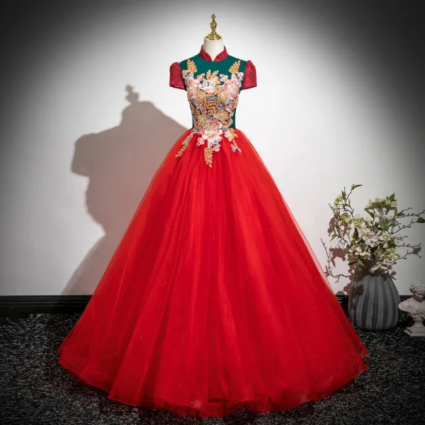 Vintage / Retro Red Beading Sequins Lace Flower Prom Dresses 2025 Ball Gown High Neck Short Sleeve Backless Floor-Length / Long Formal Dresses
