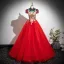 Vintage / Retro Red Beading Sequins Lace Flower Prom Dresses 2025 Ball Gown High Neck Short Sleeve Backless Floor-Length / Long Formal Dresses
