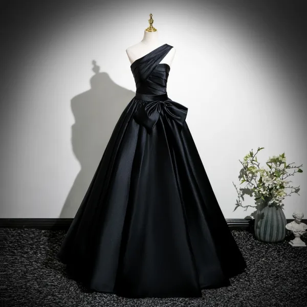 Vintage / Retro Black Satin Prom Dresses 2025 Ball Gown One-Shoulder Sleeveless Backless Bow Sash Floor-Length / Long Formal Dresses