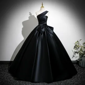 Vintage Retro Black Satin Prom Dresses 2025 Ball Gown One Shoulder Sleeveless Backless Bow Sash Floor Length Long Formal Dresses