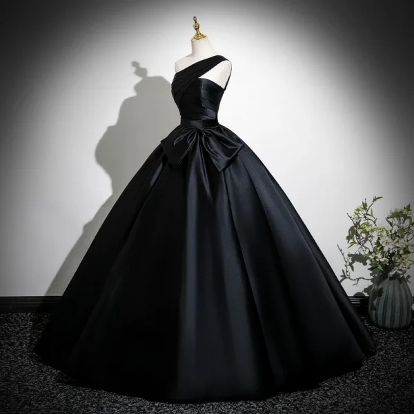 Vintage / Retro Black Satin Prom Dresses 2025 Ball Gown One-Shoulder Sleeveless Backless Bow Sash Floor-Length / Long Formal Dresses