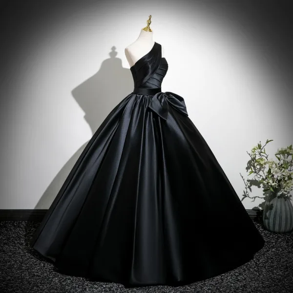 Vintage / Retro Black Satin Prom Dresses 2025 Ball Gown One-Shoulder Sleeveless Backless Bow Sash Floor- Vintage / Retro Black Satin Prom Dresses 2025 Ball Gown One-Shoulder Sleeveless Backless Bow Sash Floor-