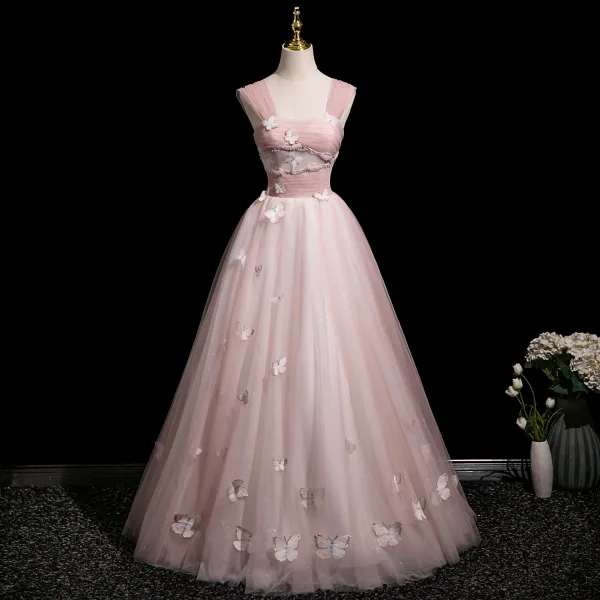 Chic / Beautiful Blushing Pink Beading Lace Butterfly Prom Dresses 2025 Ball Gown Off-The-Shoulder Short Sleeve Backless Floor-Length / Long Prom Formal Dresses