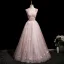 Chic / Beautiful Blushing Pink Beading Lace Butterfly Prom Dresses 2025 Ball Gown Off-The-Shoulder Short Sleeve Backless Floor-Length / Long Prom Formal Dresses