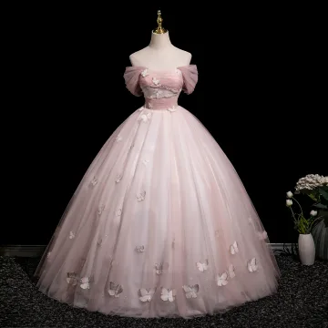 Chic Belle Rougissant Rose Perlage En Dentelle Papillon Robe De Bal 2025 Robe Boule De L Épaule Manches Courtes Dos Nu Longue Promo Robe De Ceremonie