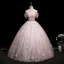 Chic / Beautiful Blushing Pink Beading Lace Butterfly Prom Dresses 2025 Ball Gown Off-The-Shoulder Short Sleeve Backless Floor-Length / Long Prom Formal Dresses