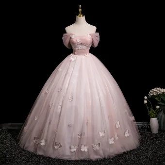 Fine Rødmende Rosa Beading Blonder Sommerfugl Ballkjoler 2025 Ballkjole Av Skulderen Korte Ermer Ryggløse Lange Ball Formelle Kjoler