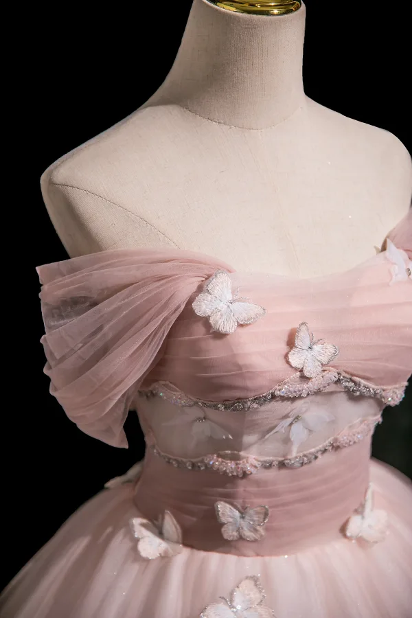 Chic / Beautiful Blushing Pink Beading Lace Butterfly Prom Dresses 2025 Ball Gown Off-The-Shoulder Short Sleeve Backless Floor-Length / Long Prom Formal Dresses