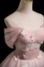 Chic / Beautiful Blushing Pink Beading Lace Butterfly Prom Dresses 2025 Ball Gown Off-The-Shoulder Short Sleeve Backless Floor-Length / Long Prom Formal Dresses