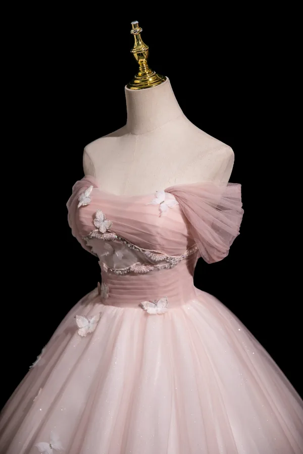 Chic / Beautiful Blushing Pink Beading Lace Butterfly Prom Dresses 2025 Ball Gown Off-The-Shoulder Short Sleeve Backless Floor-Length / Long Prom Formal Dresses
