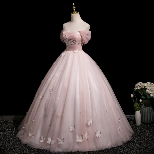 Chic / Beautiful Blushing Pink Beading Lace Butterfly Prom Dresses 2025 Ball Gown Off-The-Shoulder Short Sleeve Backless Floor-Length / Long Prom Formal Dresses