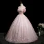 Chic / Beautiful Blushing Pink Beading Lace Butterfly Prom Dresses 2025 Ball Gown Off-The-Shoulder Short Sleeve Backless Floor-Length / Long Prom Formal Dresses