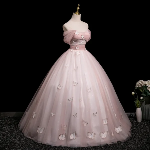 Chic / Beautiful Blushing Pink Beading Lace Butterfly Prom Dresses 2025 Ball Gown Off-The-Shoulder Short Sleeve Backless Floor-Length / Long Prom Formal Dresses