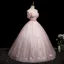 Chic / Beautiful Blushing Pink Beading Lace Butterfly Prom Dresses 2025 Ball Gown Off-The-Shoulder Short Sleeve Backless Floor-Length / Long Prom Formal Dresses