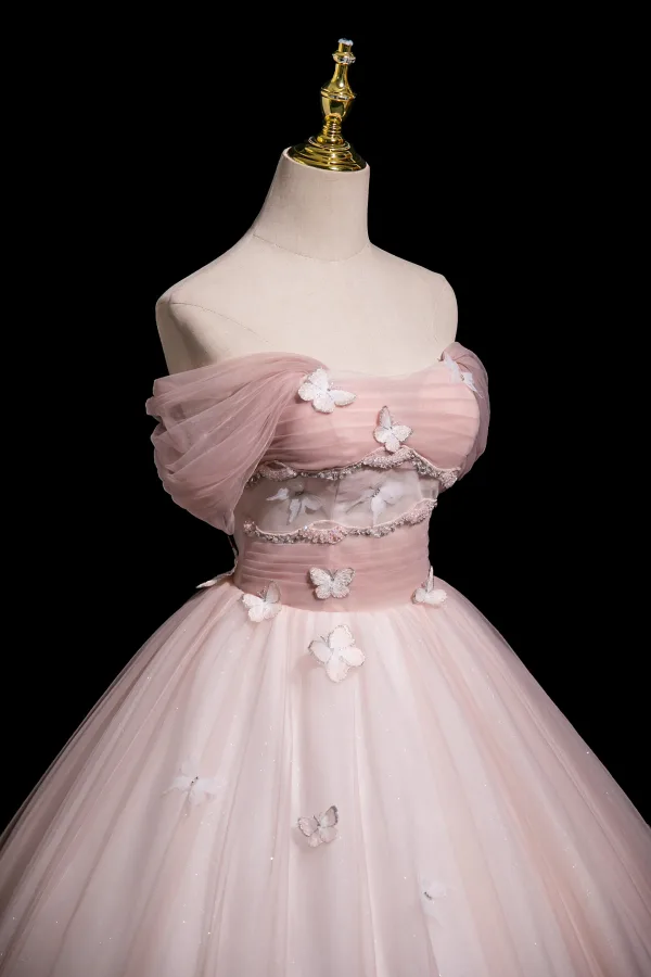 Chic / Beautiful Blushing Pink Beading Lace Butterfly Prom Dresses 2025 Ball Gown Off-The-Shoulder Short Sleeve Backless Floor-Length / Long Prom Formal Dresses