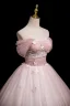 Chic / Beautiful Blushing Pink Beading Lace Butterfly Prom Dresses 2025 Ball Gown Off-The-Shoulder Short Sleeve Backless Floor-Length / Long Prom Formal Dresses