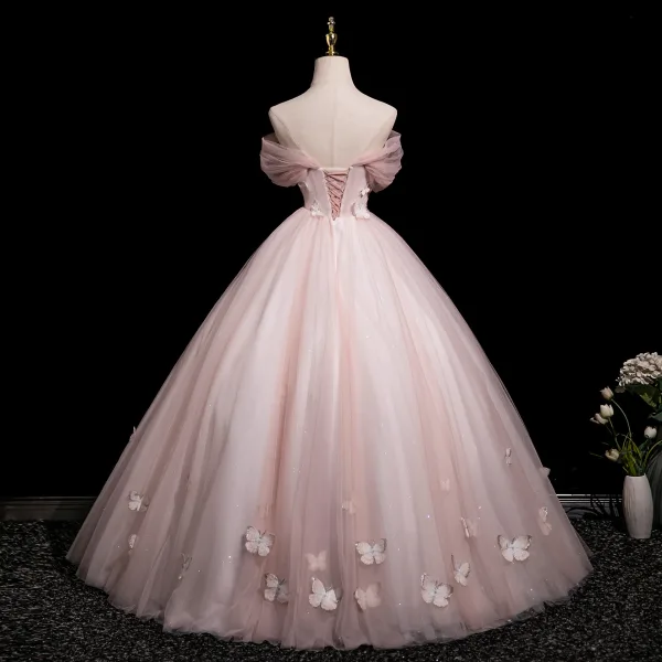 Chic / Beautiful Blushing Pink Beading Lace Butterfly Prom Dresses 2025 Ball Gown Off-The-Shoulder Short Sleeve Backless Floor-Length / Long Prom Formal Dresses