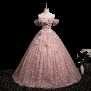 Blumenfee Rosa Schmetterling Applikationen Pailletten Ballkleider 2025 Ballkleid Off Shoulder Kurze Ärmel Rückenfreies Lange Ball Festliche Kleider