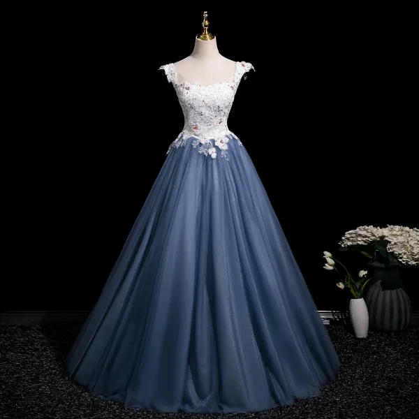 Elegant Ocean Blue Beading Sequins Appliques Prom Dresses 2025 Ball Gown Off-The-Shoulder Short Sleeve Backless Floor-Length / Long Prom Formal Dresses