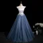 Elegant Ocean Blue Beading Sequins Appliques Prom Dresses 2025 Ball Gown Off-The-Shoulder Short Sleeve Backless Floor-Length / Long Prom Formal Dresses