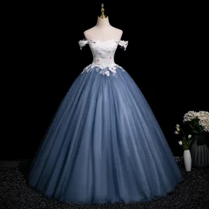 Elegant Ocean Blue Beading Sequins Appliques Prom Dresses 2025 Ball Gown Off The Shoulder Short Sleeve Backless Floor Length Long Prom Formal Dresses