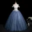 Elegant Ocean Blue Beading Sequins Appliques Prom Dresses 2025 Ball Gown Off-The-Shoulder Short Sleeve Backless Floor-Length / Long Prom Formal Dresses