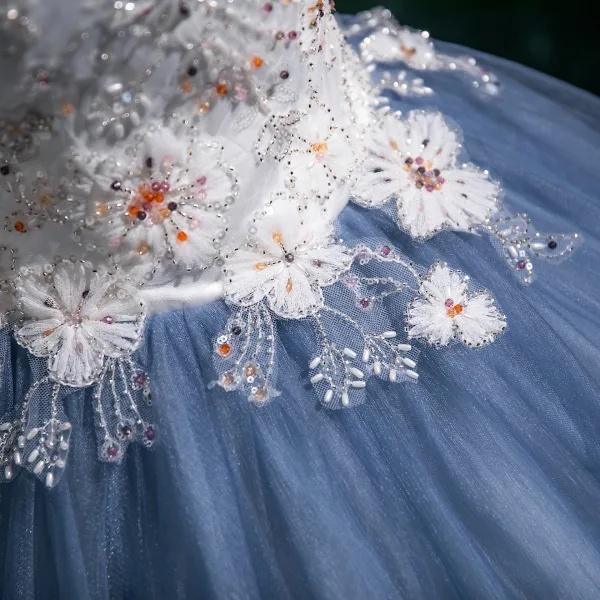 Elegant Ocean Blue Beading Sequins Appliques Prom Dresses 2025 Ball Gown Off-The-Shoulder Short Sleeve Backless Floor-Length / Long Prom Formal Dresses