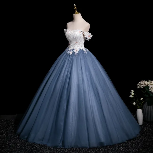 Elegant Ocean Blue Beading Sequins Appliques Prom Dresses 2025 Ball Gown Off-The-Shoulder Short Sleeve Backless Floor-Length / Long Prom Formal Dresses