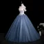Elegant Ocean Blue Beading Sequins Appliques Prom Dresses 2025 Ball Gown Off-The-Shoulder Short Sleeve Backless Floor-Length / Long Prom Formal Dresses