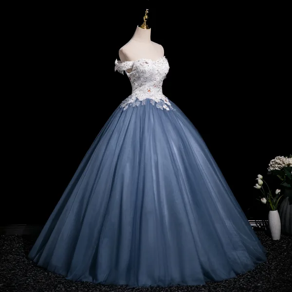 Elegant Ocean Blue Beading Sequins Appliques Prom Dresses 2025 Ball Gown Off-The-Shoulder Short Sleeve Backless Floor-Length / Long Prom Formal Dresses