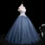 Elegant Ocean Blue Beading Sequins Appliques Prom Dresses 2025 Ball Gown Off-The-Shoulder Short Sleeve Backless Floor-Length / Long Prom Formal Dresses