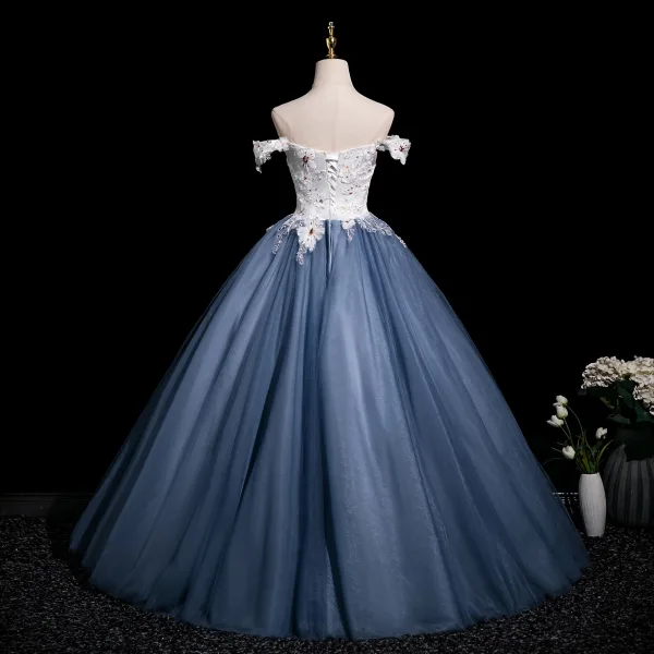 Elegant Ocean Blue Beading Sequins Appliques Prom Dresses 2025 Ball Gown Off-The-Shoulder Short Sleeve Backless Floor-Length / Long Prom Formal Dresses