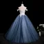 Elegant Ocean Blue Beading Sequins Appliques Prom Dresses 2025 Ball Gown Off-The-Shoulder Short Sleeve Backless Floor-Length / Long Prom Formal Dresses