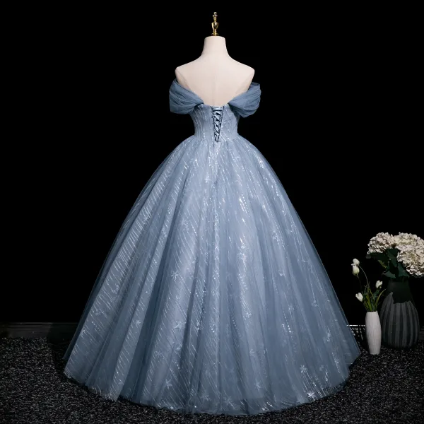 Chic / Beautiful Sky Blue Butterfly Appliques Sequins Prom Dresses Ball Gown 2025 Off-The-Shoulder Sleeveless Backless Floor-Length / Long Prom Formal Dresses